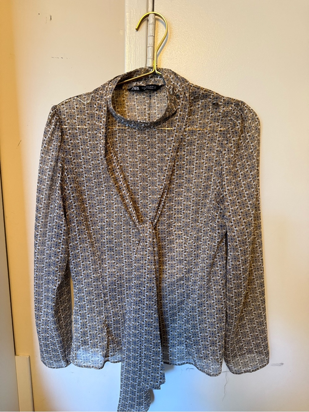 Zara Gold Navy and White Patterned Tie-Neck Blouse